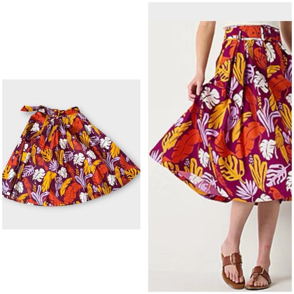 Worthington tropical floral print flare belted swing midi skirt size 2